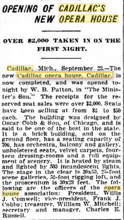 Cadillac Opera House - Sep 1901 Opening Article (newer photo)